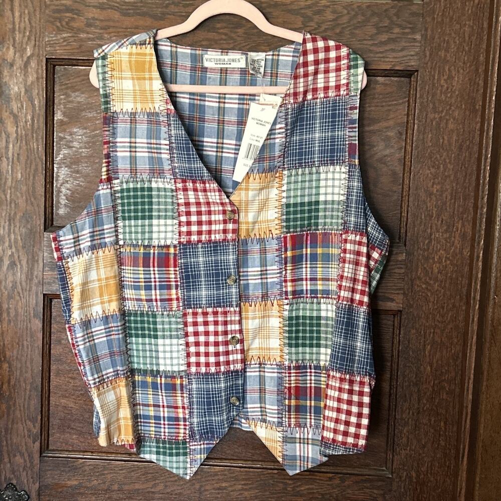 NWT Victoria Jones Plaid Patchwork Cotton Vest 20W Country Cottage Mom Core 90s